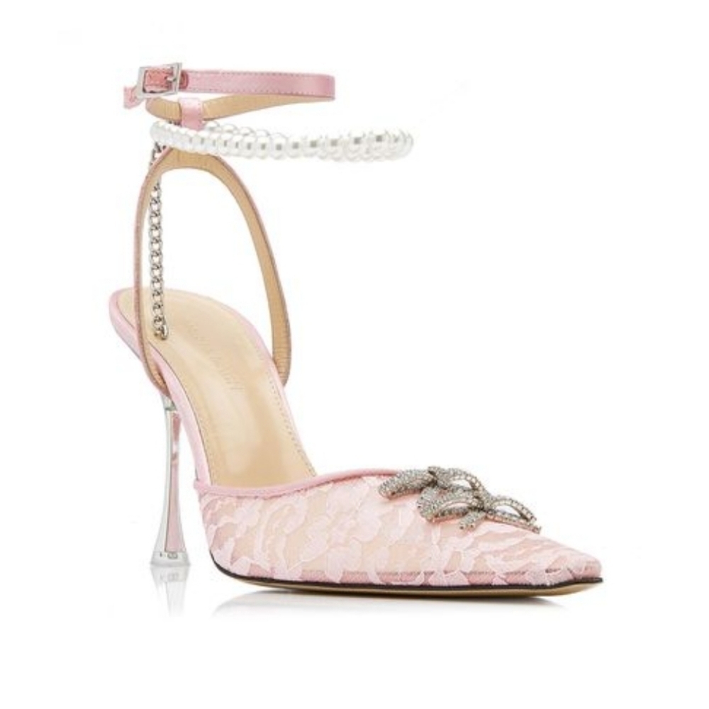 Mach & Mach Lace Mini Bow Pointed Toe Pump Pink NIB